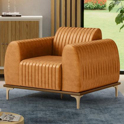 Imagem de Kit Sofá 3 Lugares 180cm com 02 Poltronas Molino Base Castanho Pés D'ouro D02 material sintético Whisky B-90 - Lyam Decor