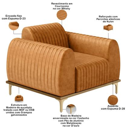 Imagem de Kit Sofá 3 Lugares 180cm com 02 Poltronas Molino Base Castanho Pés D'ouro D02 material sintético Whisky B-90 - Lyam Decor
