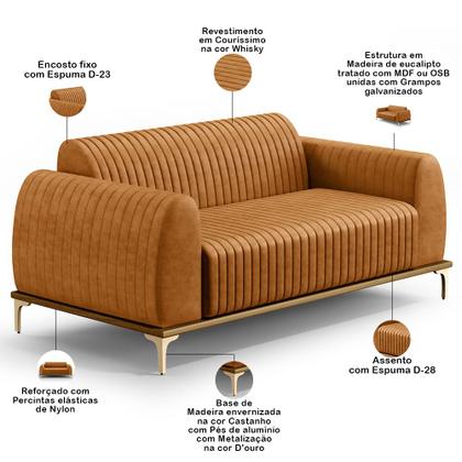 Imagem de Kit Sofá 3 Lugares 180cm com 02 Poltronas Molino Base Castanho Pés D'ouro D02 material sintético Whisky B-90 - Lyam Decor
