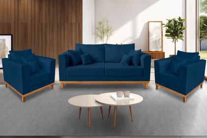Imagem de Kit Sofá 3 Lugares e 2 Poltronas Beny Viena Linho Azul