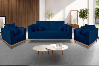 Kit Sofá 3 Lugares e 2 Poltronas Beny Viena Suede Azul - Madeira Prima Deccor Imagem de Kit Sofá 3 Lugares e 2 Poltronas Beny Viena Suede Azul