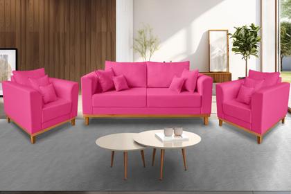 Imagem de Kit Sofá 3 Lugares e 2 Poltronas Beny Viena Suede Rosa