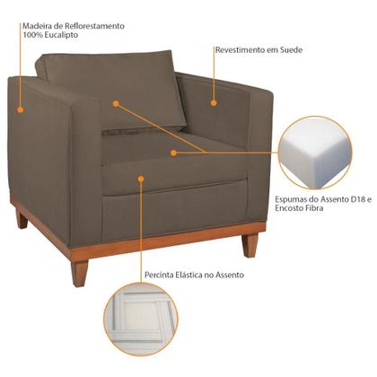 Imagem de Kit Sofá 3 Lugares e 2 Poltronas Europa 180 cm Estilo Conforto e Elegância Suede Marrom - Amarena Móveis