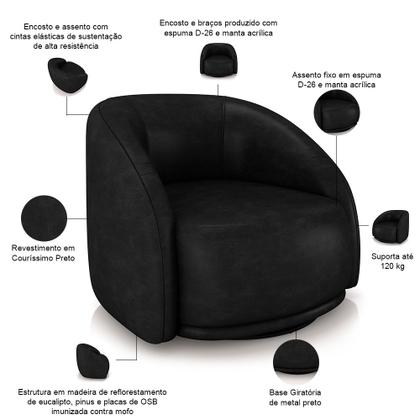 Imagem de Kit Sofá 4 Lugares Eron 240cm Com Poltrona Giratória Angelina M03 material sintético Preto - Lyam Decor