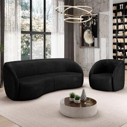 Imagem de Kit Sofá 4 Lugares Eron 240cm Com Poltrona Giratória Angelina M03 material sintético Preto - Lyam Decor