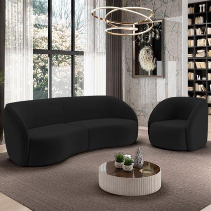 Imagem de Kit Sofá 4 Lugares Eron 240cm Com Poltrona Giratória Angelina M03 Veludo Preto - Lyam Decor