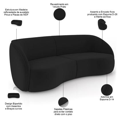 Imagem de Kit Sofá 4 Lugares Eron 240cm Com Poltrona Giratória Angelina M03 Veludo Preto - Lyam Decor