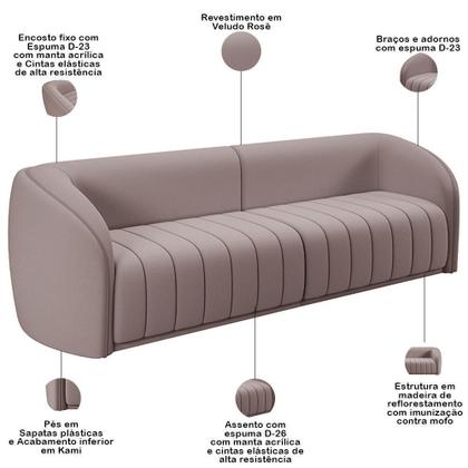 Imagem de Kit Sofá 4 Lugares Para Sala 292cm Com 01 Poltrona Lazio M03 Veludo Rosê - Lyam Decor