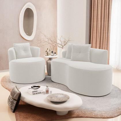 Imagem de Kit Sofá e 02 Poltronas Orgânicas Living Bob com Almofadas Bouclê Off White - Desk Design