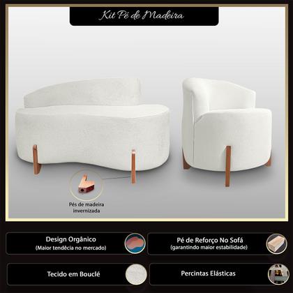 Imagem de Kit Sofá Orgânico Feijão Com Poltrona Pé De Madeira Bouclé Minimalista
