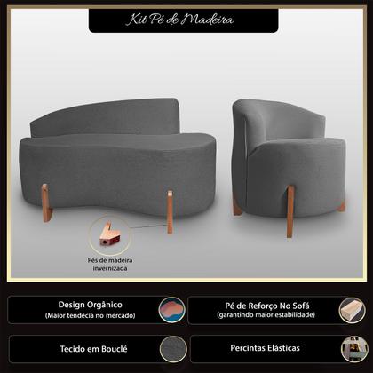 Imagem de Kit Sofá Orgânico Feijão Com Poltrona Pé De Madeira Bouclé Minimalista