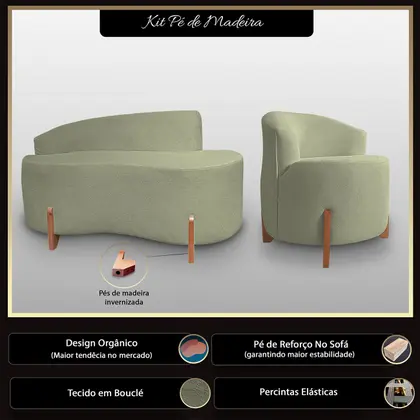 Imagem de Kit Sofá Orgânico Feijão Com Poltrona Pé De Madeira Bouclé Minimalista