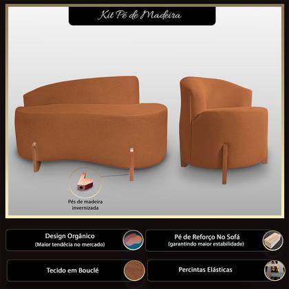 Imagem de Kit Sofá Orgânico Feijão Com Poltrona Pé De Madeira Bouclé Minimalista