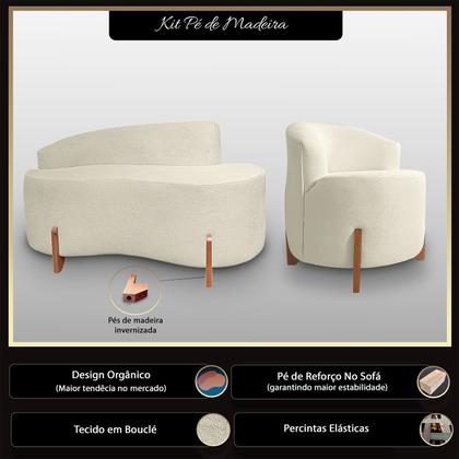 Imagem de Kit Sofá Orgânico Feijão Com Poltrona Pé De Madeira Bouclé Minimalista