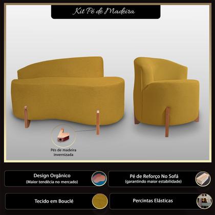 Imagem de Kit Sofá Orgânico Feijão Com Poltrona Pé De Madeira Bouclé Minimalista