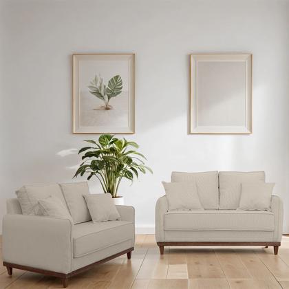Imagem de Kit Sofa Sena 2 e 3 Lugares Base de Madeira para Sala Hotel Linho Bege