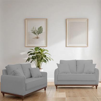 Imagem de Kit Sofa Sena 2 e 3 Lugares Base de Madeira para Sala Hotel Linho Cinza