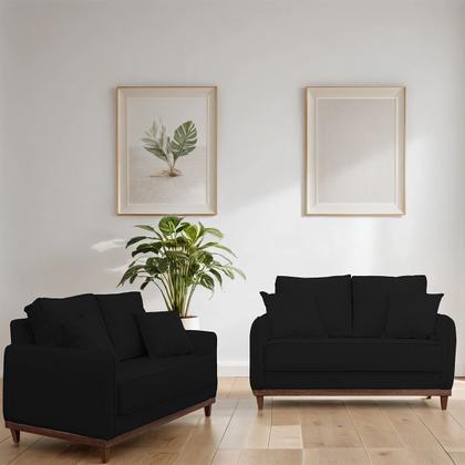 Imagem de Kit Sofa Sena 2 e 3 Lugares Base de Madeira para Sala Hotel Linho Preto