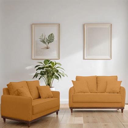 Imagem de Kit Sofa Sena 2 e 3  Lugares Base de Madeira para Sala Hotel Linho Terra Cota