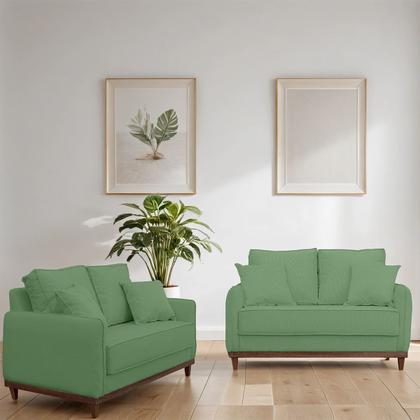 Imagem de Kit Sofa Sena 2 e 3 Lugares Base de Madeira para Sala Hotel Linho Verde