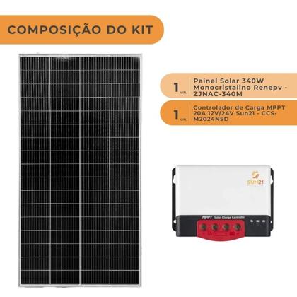 Imagem de Kit Solar Off-grid 340W/h Monocristalino com Controlador de Carga 20A MPPT