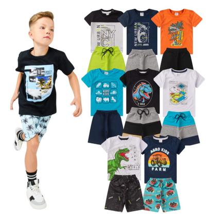 Imagem de Kit Sortido 10 Peças de Roupas 5 Conjuntos Camisetas + Shorts Infantil Menino 1 ao 14 Verão