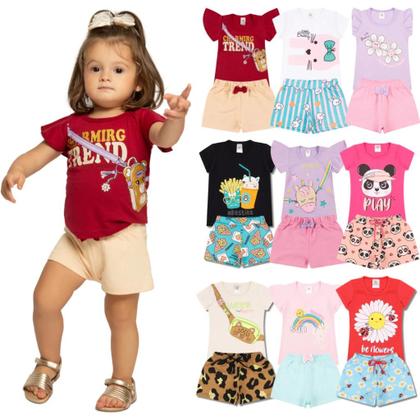 Imagem de Kit Sortido 10 Peças de Roupas Infantil bebê Menina 5 Camisetas 5 Bermudas Kit 5 com Conjuntos Infantil Verão para Menina Bebê dias quentes
