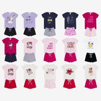 Imagem de Kit Sortido 14 Peças de Roupas Infantil Menina Kit 7 Conjuntos Infantil (7 Camiseta + 7 Shorts)