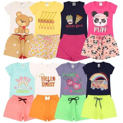 Imagem de Kit Sortido 4 Peças de Roupas Infantil Menina 2 Camisetas 2 Bermudas Kit com 2 Conjuntos de Roupa Infantil Menina Verão Feminino