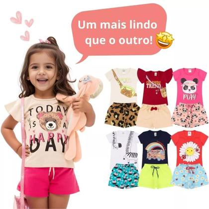 Imagem de Kit Sortido 4 Peças de Roupas Infantil Menina 2 Camisetas 2 Bermudas Kit com 2 Conjuntos de Roupa Infantil Menina Verão Feminino