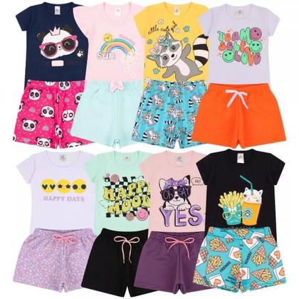 Imagem de Kit Sortido 4 Peças de Roupas Infantil Menina 2 Camisetas 2 Bermudas Kit com 2 Conjuntos de Roupa Infantil Menina Verão Feminino