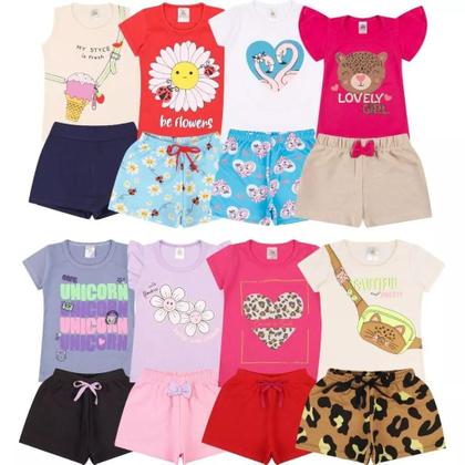Imagem de Kit Sortido 4 Peças de Roupas Infantil Menina 2 Camisetas 2 Bermudas Kit com 2 Conjuntos de Roupa Infantil Menina Verão Feminino