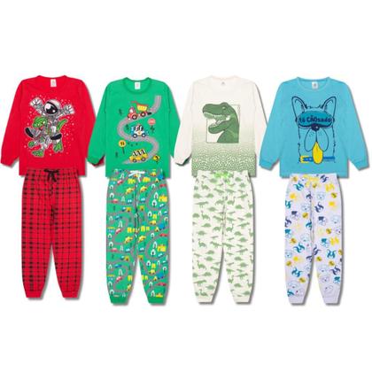 Imagem de Kit Sortido 4 Peças Pijama Comprido Infantil Menino 2 Camisas 2 Calças Kit com 2 Pijamas de Roupa Infantil Menino