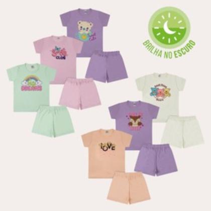 Imagem de Kit Sortido 4 Peças Pijama Infantil Menina - 2 Camisetas + 2 Bermudas