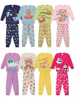 Imagem de Kit Sortido 4 Peças Pijama Manga Longa Bebê Menina 2 Camisas 2 Calças Kit com 2 Pijamas de Roupa Infantil para bebê