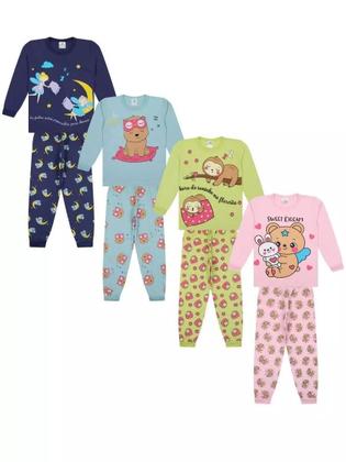 Imagem de Kit Sortido 4 Peças Pijama Manga Longa Bebê Menina 2 Camisas 2 Calças Kit com 2 Pijamas de Roupa Infantil para bebê