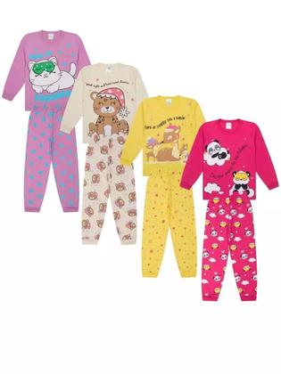 Imagem de Kit Sortido 4 Peças Pijama Manga Longa Bebê Menina 2 Camisas 2 Calças Kit com 2 Pijamas de Roupa Infantil para bebê