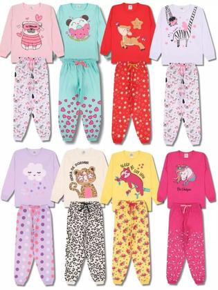 Imagem de Kit Sortido 4 Peças Pijama Manga Longa Bebê Menina 2 Camisas 2 Calças Kit com 2 Pijamas de Roupa Infantil para bebê