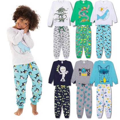 Imagem de Kit Sortido 4 Peças Pijama Manga Longa Bebê Menino 2 Camisas 2 Calças Kit com 2 Pijamas de Roupa Infantil bebê
