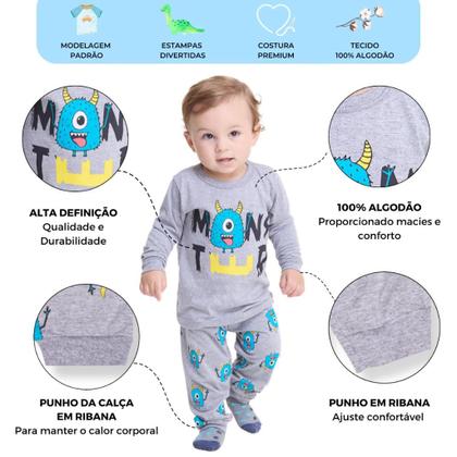 Imagem de Kit Sortido 4 Peças Pijama Manga Longa Bebê Menino 2 Camisas 2 Calças Kit com 2 Pijamas de Roupa Infantil bebê