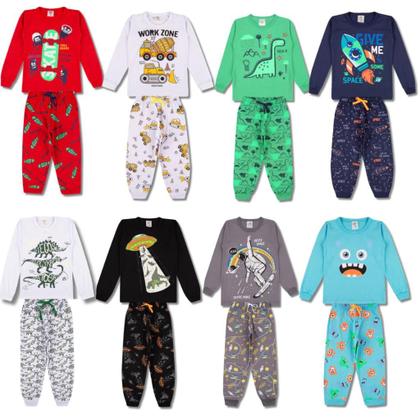 Imagem de Kit Sortido 4 Peças Pijama Manga Longa Bebê Menino 2 Camisas 2 Calças Kit com 2 Pijamas de Roupa Infantil bebê