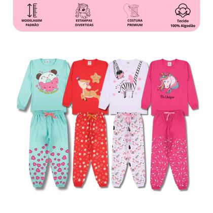 Imagem de Kit Sortido 4 Peças Pijama Manga Longa Menina 2 Camisas 2 Calças Kit com 2 Pijamas de Roupa Infantil para menina