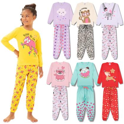 Imagem de Kit Sortido 4 Peças Pijama Manga Longa Menina 2 Camisas 2 Calças Kit com 2 Pijamas de Roupa Infantil para menina