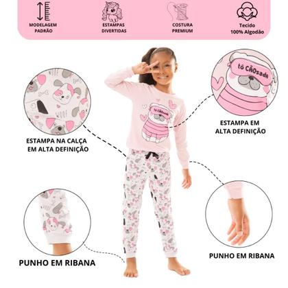 Imagem de Kit Sortido 4 Peças Pijama Manga Longa Menina 2 Camisas 2 Calças Kit com 2 Pijamas de Roupa Infantil para menina