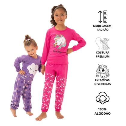 Imagem de Kit Sortido 4 Peças Pijama Manga Longa Menina 2 Camisas 2 Calças Kit com 2 Pijamas de Roupa Infantil para menina