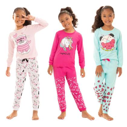 Imagem de Kit Sortido 4 Peças Pijama Manga Longa Menina 2 Camisas 2 Calças Kit com 2 Pijamas de Roupa Infantil para menina