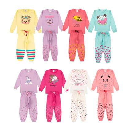 Imagem de Kit Sortido 4 Peças Pijama Manga Longa Menina 2 Camisas 2 Calças Kit com 2 Pijamas de Roupa Infantil para menina