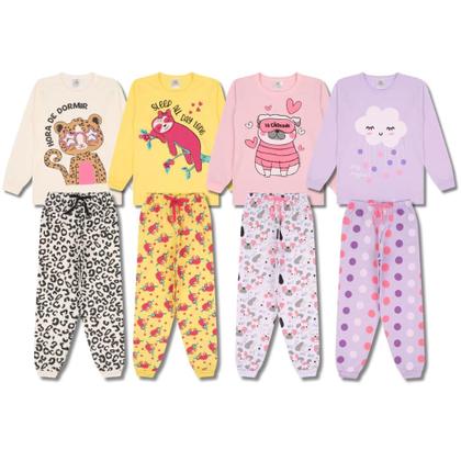 Imagem de Kit Sortido 4 Peças Pijama Manga Longa Menina 2 Camisas 2 Calças Kit com 2 Pijamas de Roupa Infantil para menina