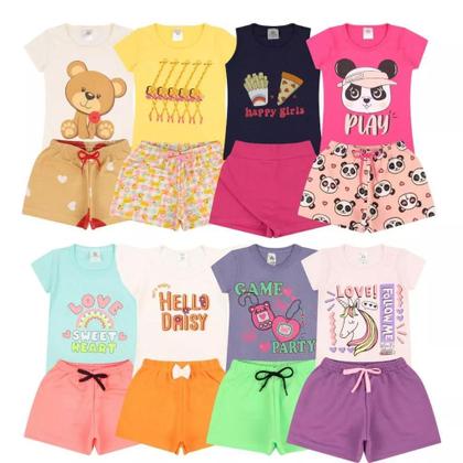 Imagem de Kit Sortido 6 Peças de Roupas Infantil feminino bebê Menina 3 Camisetas 3 Bermudas Kit 3 com Conjuntos Infantil Verão para Menina Bebê dias quentes