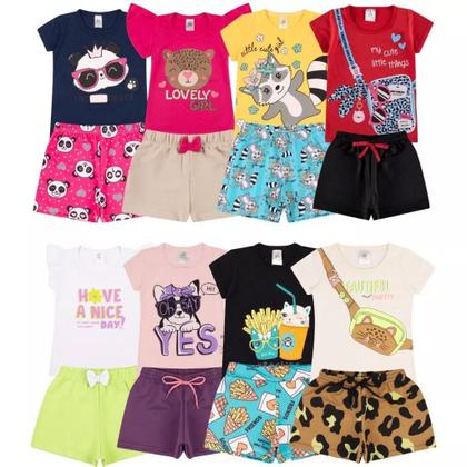 Imagem de Kit Sortido 6 Peças de Roupas Infantil feminino bebê Menina 3 Camisetas 3 Bermudas Kit 3 com Conjuntos Infantil Verão para Menina Bebê dias quentes